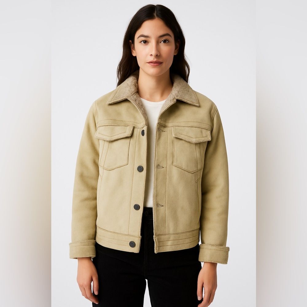 Kenneth Cole Reaction Faux Suede Sherpa Jacket in Khaki Size Medium NWT